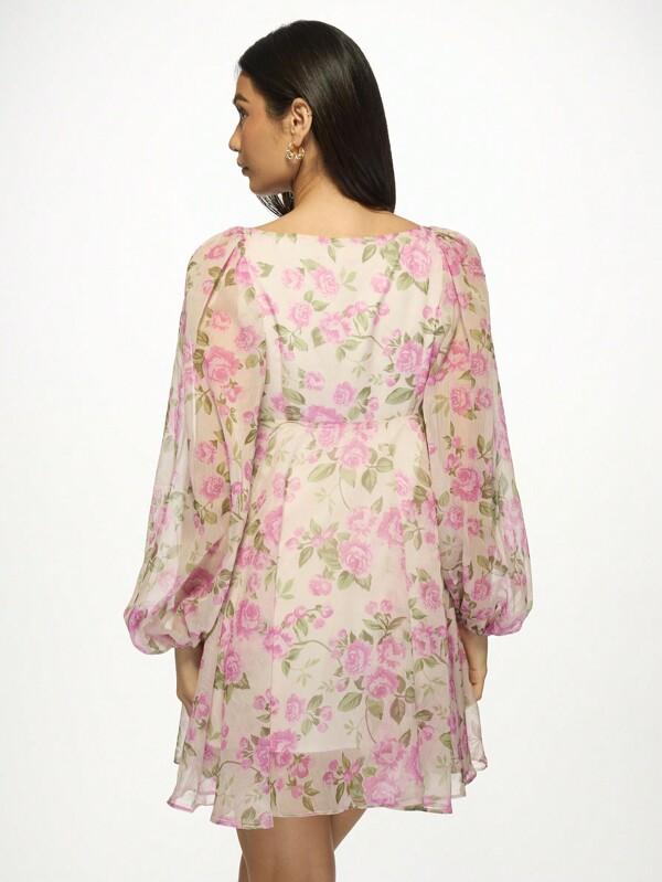 MISSGUIDED Floral Empire Waist Puff Sleeves Square Neck Mini Dress