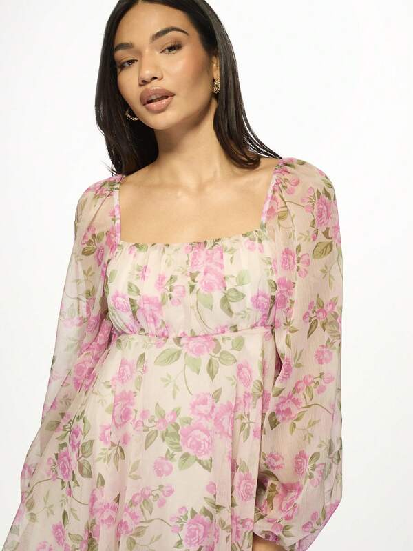 MISSGUIDED Floral Empire Waist Puff Sleeves Square Neck Mini Dress