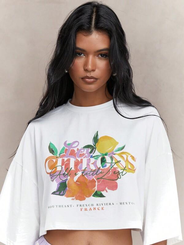 MISSGUIDED Floral Fruit Print Dropped Shoulder Loose Fit Crop T-Shirt