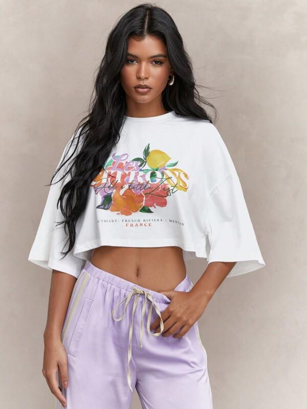 MISSGUIDED Floral Fruit Print Dropped Shoulder Loose Fit Crop T-Shirt