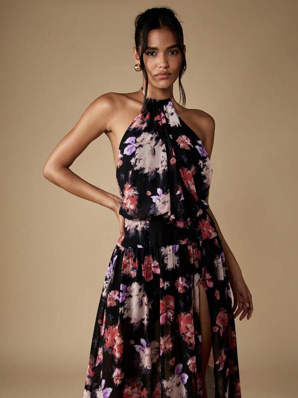 MISSGUIDED Floral Halter Neck Maxi Dress With Side Slit
