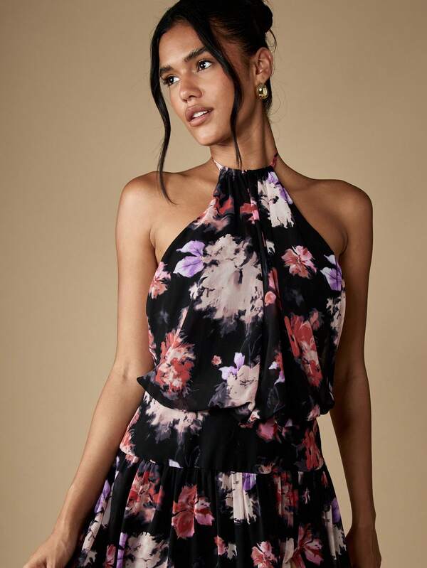 MISSGUIDED Floral Halter Neck Maxi Dress With Side Slit
