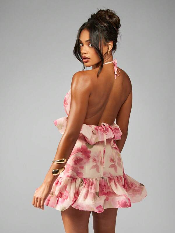 MISSGUIDED Floral Halter Neck Ruffle Crop Top And Mini Skirt Two Piece Set