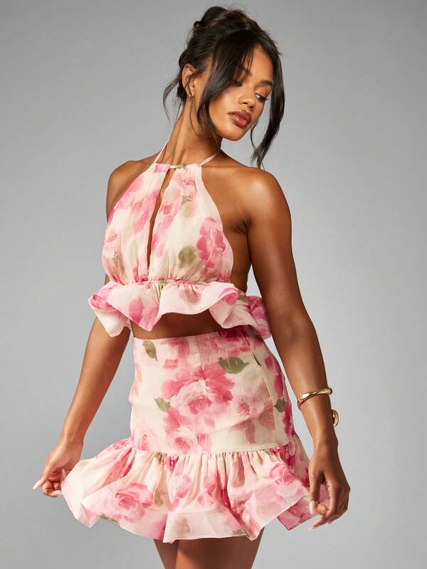 MISSGUIDED Floral Halter Neck Ruffle Crop Top And Mini Skirt Two Piece Set