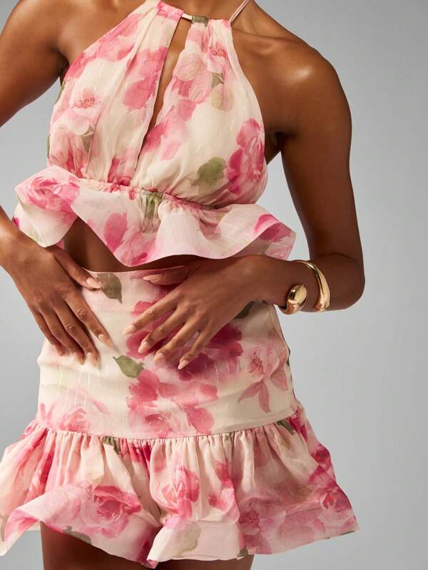 MISSGUIDED Floral Halter Neck Ruffle Crop Top And Mini Skirt Two Piece Set