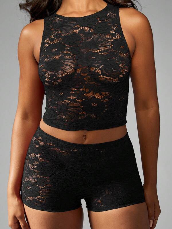 MISSGUIDED Floral Lace Crop Top And Shorts Two Piece Set