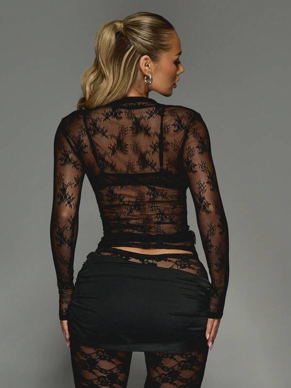 MISSGUIDED Floral Lace Long Sleeve Mesh Top With High Neck