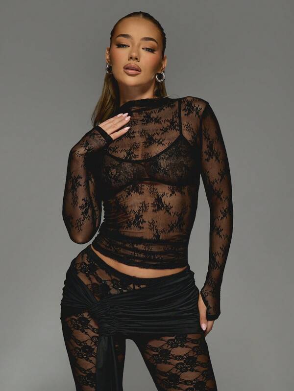 MISSGUIDED Floral Lace Long Sleeve Mesh Top With High Neck
