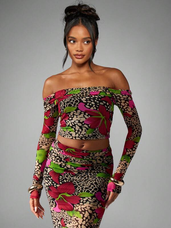 MISSGUIDED Floral Leopard Print Mesh Long Sleeve Bardot Top Matching Skirt Two Piece