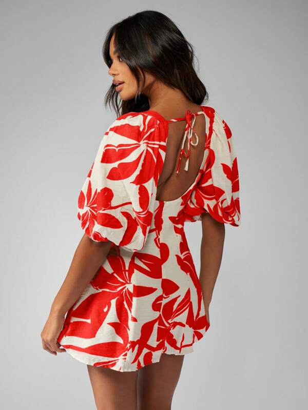 MISSGUIDED Floral Linen Feel Square Neck Puff Sleeve Aline Mini Dress
