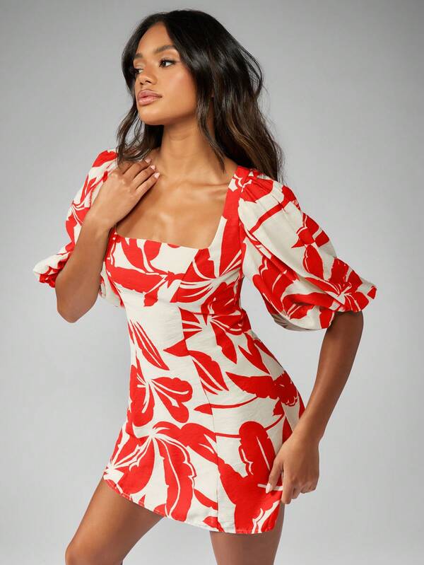 MISSGUIDED Floral Linen Feel Square Neck Puff Sleeve Aline Mini Dress