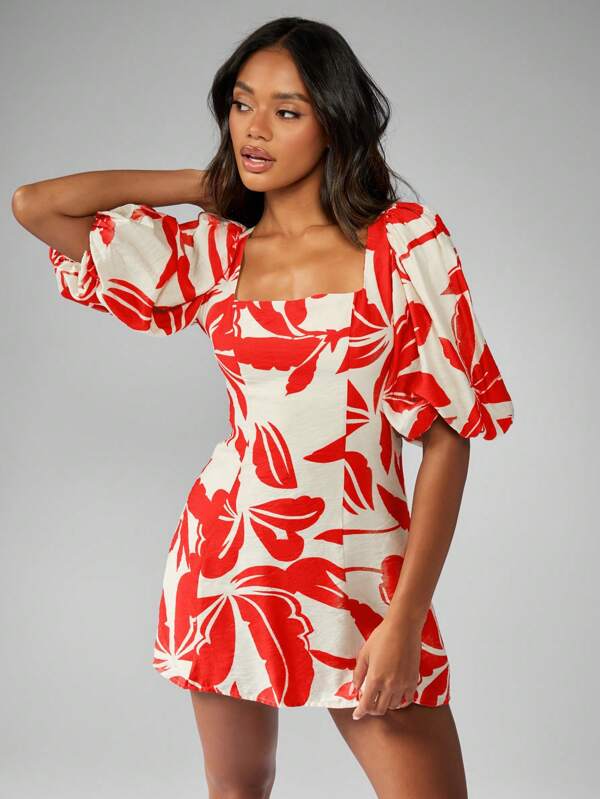 MISSGUIDED Floral Linen Feel Square Neck Puff Sleeve Aline Mini Dress