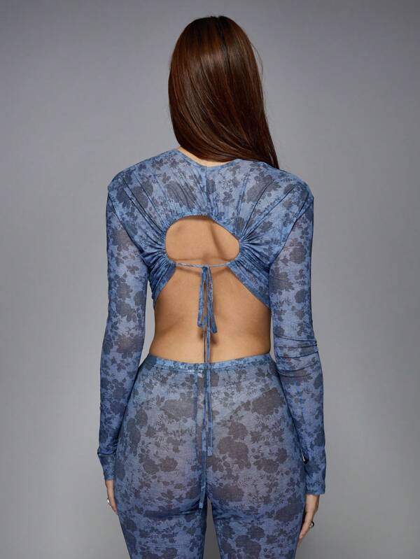 MISSGUIDED Floral Mesh Printed Long Sleeves Top