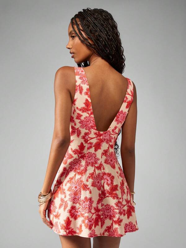 MISSGUIDED Floral Print Button Down V-Neck Sleeveless Mini Dress