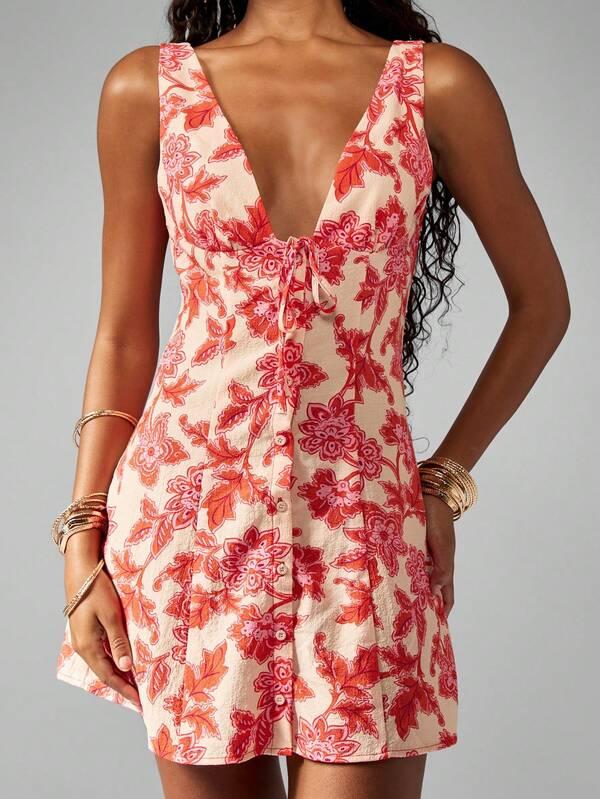 MISSGUIDED Floral Print Button Down V-Neck Sleeveless Mini Dress