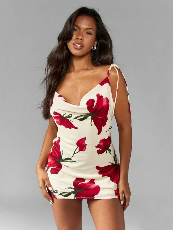 MISSGUIDED Floral Print Cowl Drape Mini Dress With Tie Shoulder Cute Sundress
