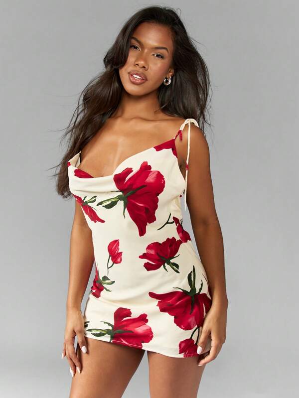MISSGUIDED Floral Print Cowl Drape Mini Dress With Tie Shoulder Cute Sundress