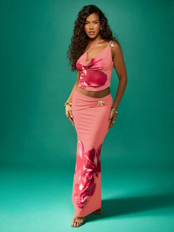MISSGUIDED Floral Print Embellished Cowl Neck Top And Maxi Skirt Set