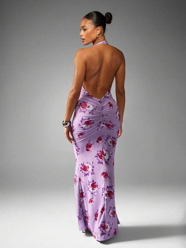 MISSGUIDED Floral Print Halter Neck Maxi Dress With Ruffle Detail