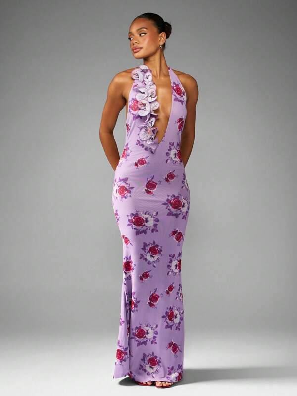 MISSGUIDED Floral Print Halter Neck Maxi Dress With Ruffle Detail