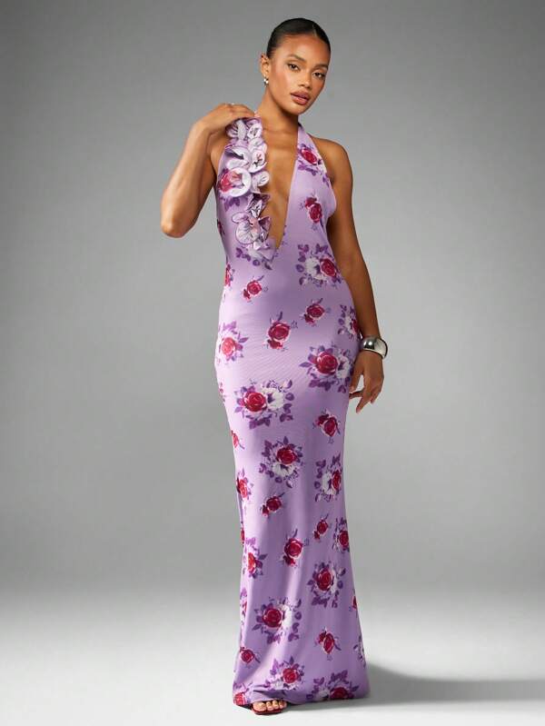 MISSGUIDED Floral Print Halter Neck Maxi Dress With Ruffle Detail