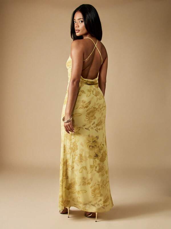 MISSGUIDED Floral Print Plunge Neck Maxi Dress With Cowl Back