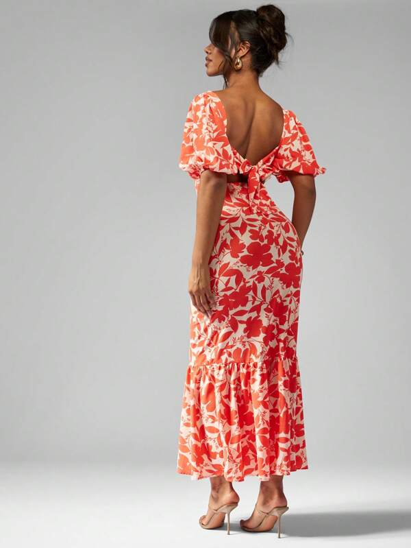 MISSGUIDED Floral Print Puff Sleeve Long Dress With Square Neckline