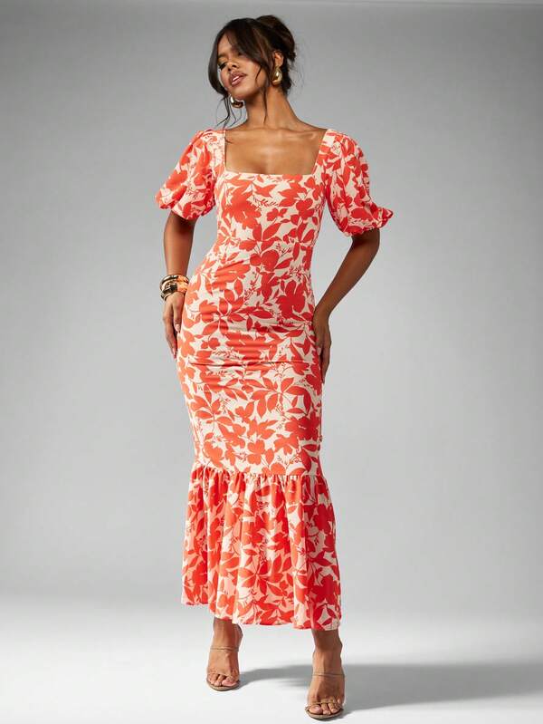 MISSGUIDED Floral Print Puff Sleeve Long Dress With Square Neckline