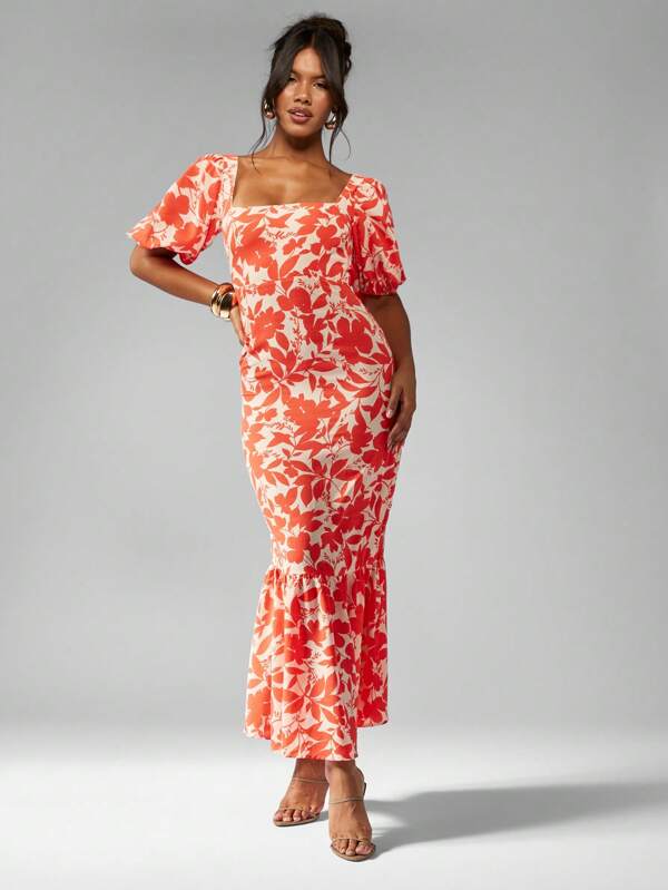 MISSGUIDED Floral Print Puff Sleeve Long Dress With Square Neckline