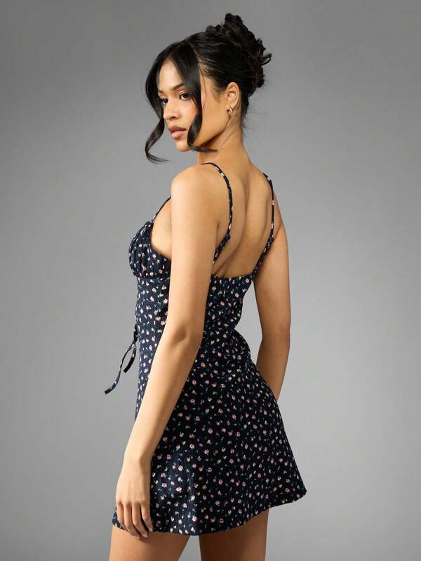 MISSGUIDED Floral Print Ruched Bustier Tie Front Adjustable Spaghetti Straps Mini Dress