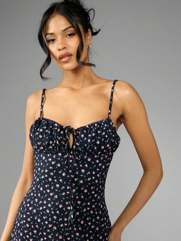 MISSGUIDED Floral Print Ruched Bustier Tie Front Adjustable Spaghetti Straps Mini Dress