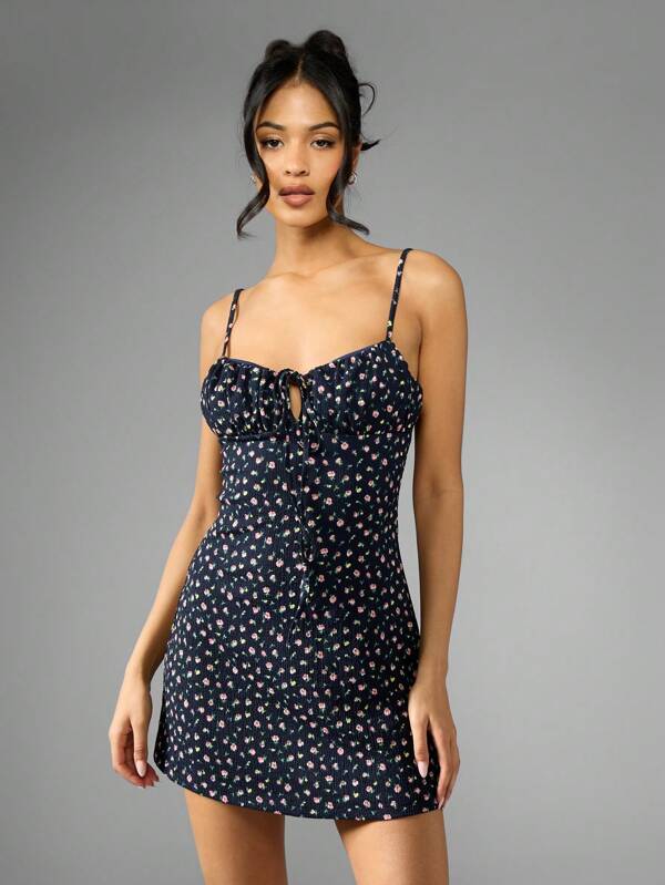 MISSGUIDED Floral Print Ruched Bustier Tie Front Adjustable Spaghetti Straps Mini Dress