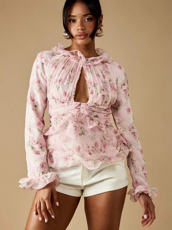 MISSGUIDED Floral Print Ruffle Neck Blouse With Keyhole Front