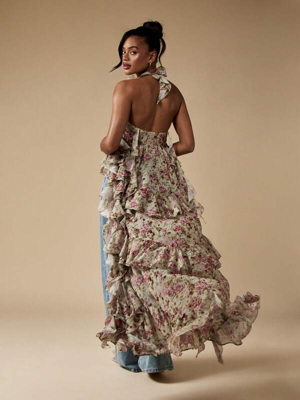 MISSGUIDED Floral Print Ruffled Chiffon Beach Cover Up