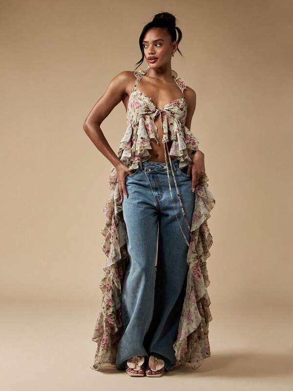 MISSGUIDED Floral Print Ruffled Chiffon Beach Cover Up