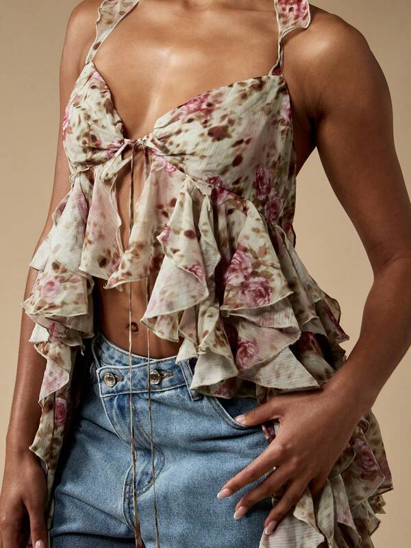MISSGUIDED Floral Print Ruffled Chiffon Beach Cover Up