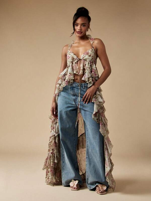 MISSGUIDED Floral Print Ruffled Chiffon Beach Cover Up