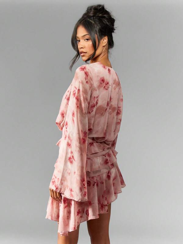 MISSGUIDED Floral Print Wrap Mini Dress With Ruffle Hem And Bell Sleeves