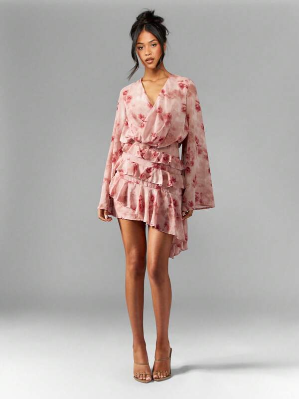 MISSGUIDED Floral Print Wrap Mini Dress With Ruffle Hem And Bell Sleeves