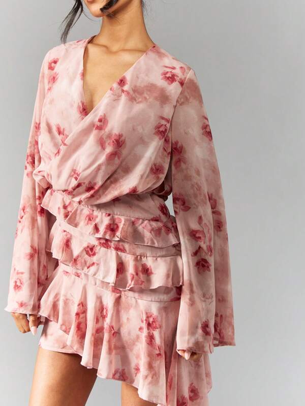 MISSGUIDED Floral Print Wrap Mini Dress With Ruffle Hem And Bell Sleeves