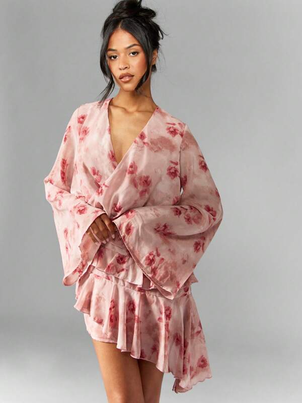 MISSGUIDED Floral Print Wrap Mini Dress With Ruffle Hem And Bell Sleeves