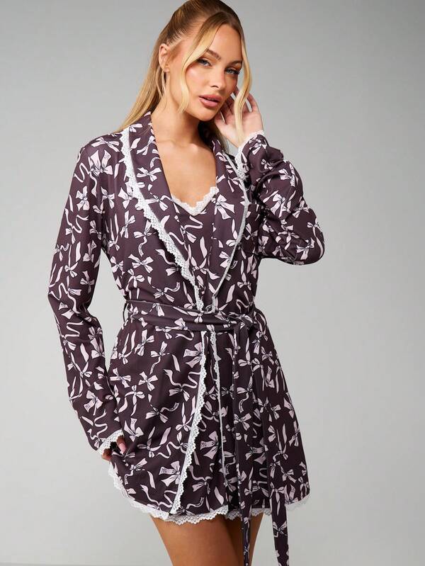MISSGUIDED Floral Print Wrap Robe With Lace Trim