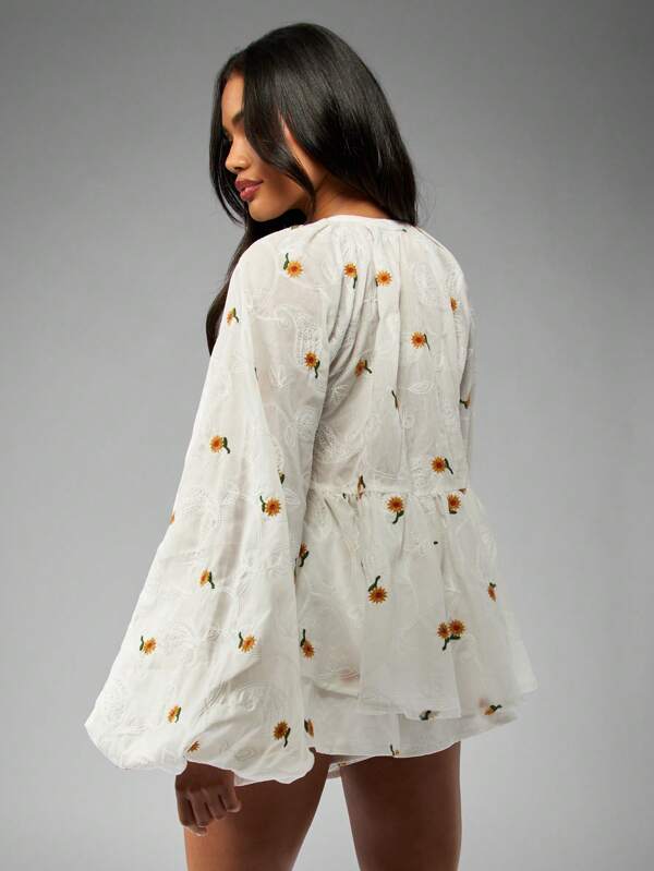 MISSGUIDED Floral Puff Sleeve Co-Ord Set With Ruffle Hem Tie Front