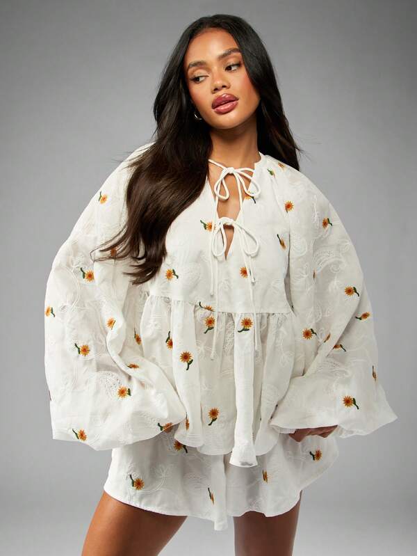 MISSGUIDED Floral Puff Sleeve Co-Ord Set With Ruffle Hem Tie Front