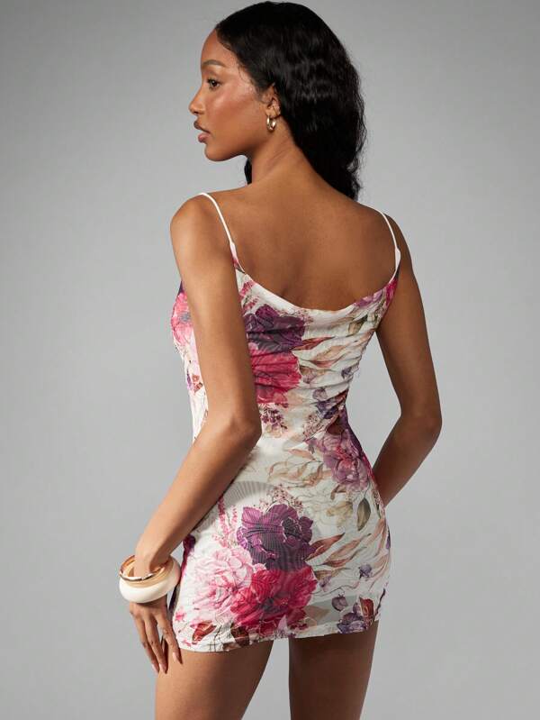 MISSGUIDED Floral Ruched Bodycon Mini Spaghetti Strap Sleeveless Dress