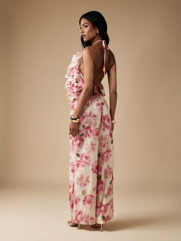 MISSGUIDED Floral Ruffle Halter Wide Leg Palazzo Two Piece Set