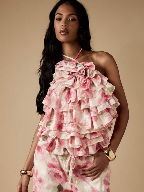 MISSGUIDED Floral Ruffle Halter Wide Leg Palazzo Two Piece Set