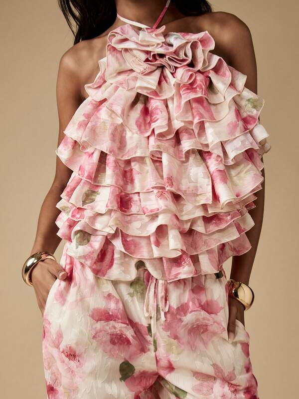 MISSGUIDED Floral Ruffle Halter Wide Leg Palazzo Two Piece Set