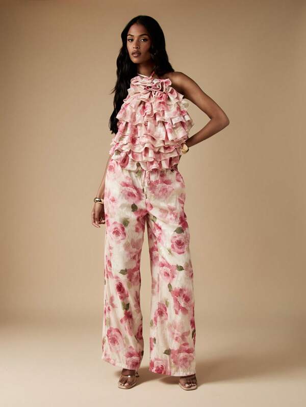 MISSGUIDED Floral Ruffle Halter Wide Leg Palazzo Two Piece Set