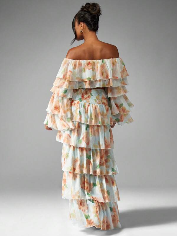 MISSGUIDED Floral Ruffle Tiered Off Shoulder Maxi Elegant Two Piece